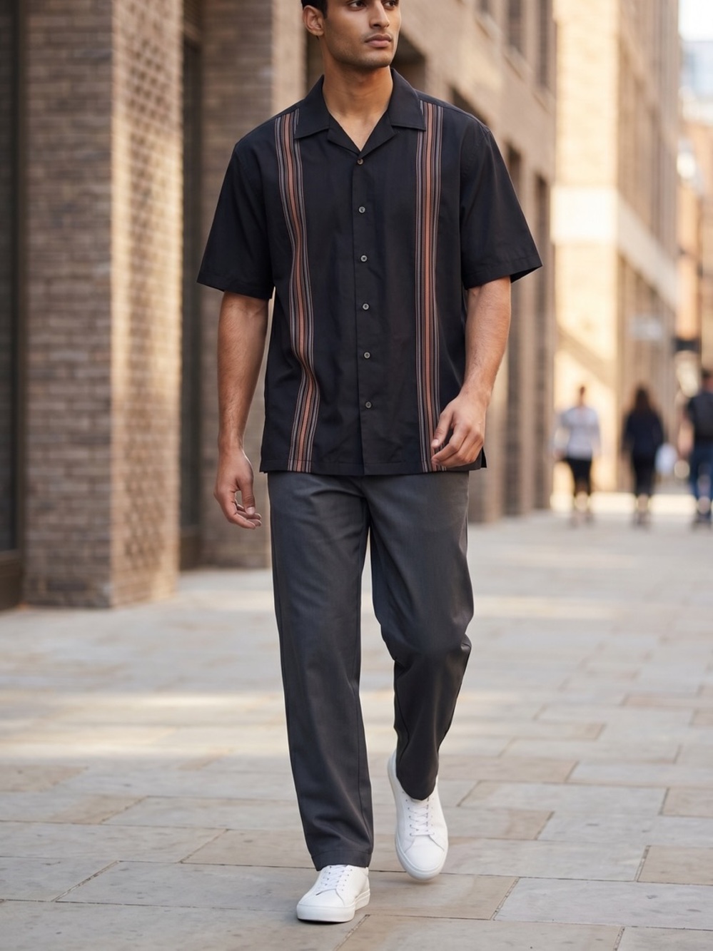 Cafe Luna Black Guayabera Style Brown Stripe Panel Button Up Shirt Size Small